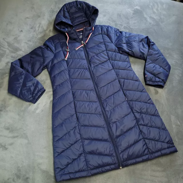 Tommy Hilfiger Premium Down Puffer Jacket Packable Lightweight Navy Long Camp