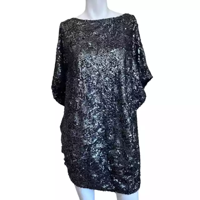 Stella & Jamie Gunmetal Sequin Short Sleeve Mini Open Back Cocktail Dress M NWT