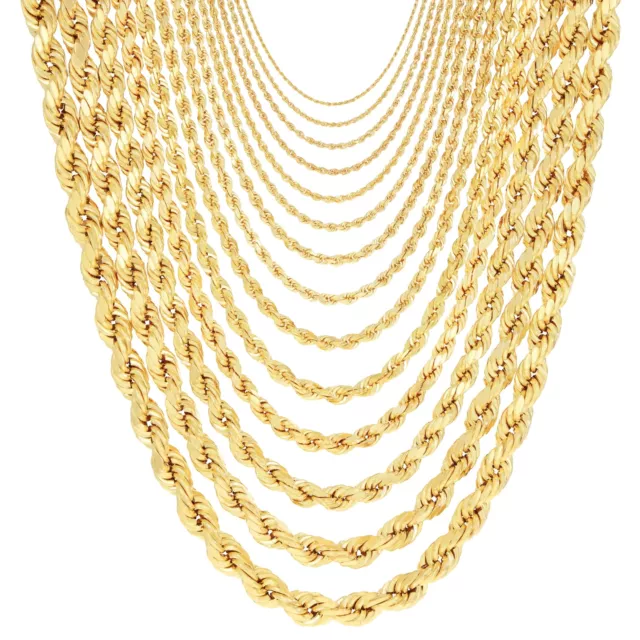 10K Yellow Gold 1mm-10mm Diamond Cut Solid Rope Chain Pendant Necklace 16"- 30"