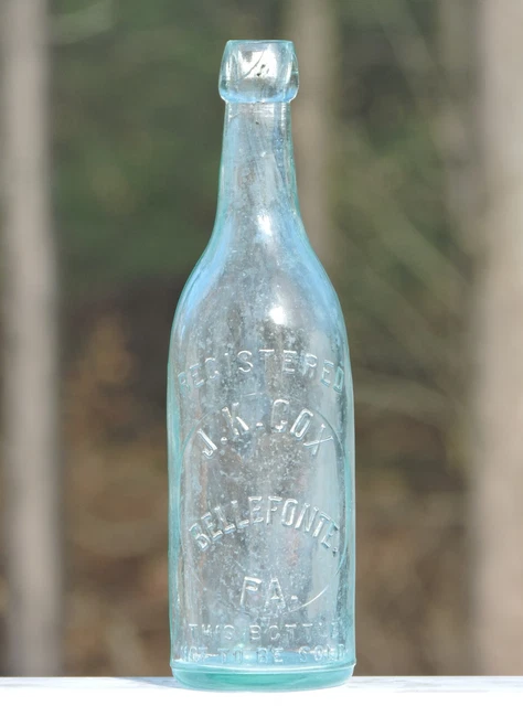 J.k. Cox Bellefonte Pa., Aqua Pint Size Blob Top Soda / Beer Bottle