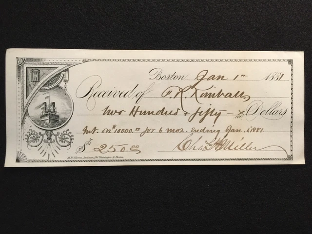 1881  Boston, Massachusetts $250.00 **Scarce** Vignette Receipt! Notable Person!