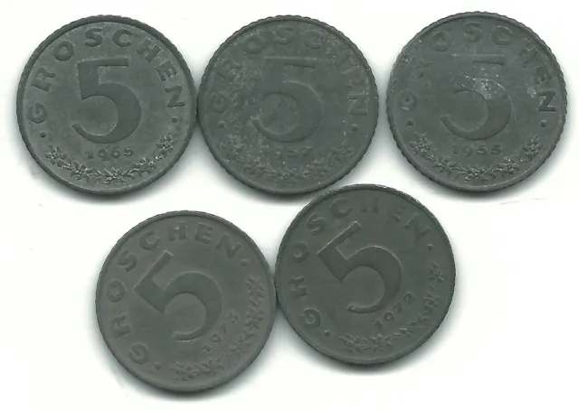 High Grade Lot 5 Austria 5 Groschen Coins-1955,1957,1965,1972,1973-Jan532