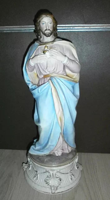 ANCIENNE STATUE RELIGIEUSE/JESUS SACRE COEUR / BISCUIT ANDENNE OU SAXE /H.37cm/2