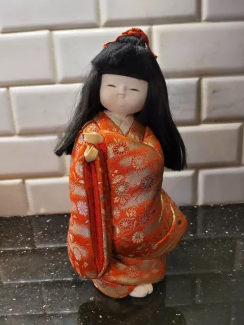 VTG Japanese Kimekomi Ichimatsu Gofun Kimono Doll, Porcelain Head,  8.5"