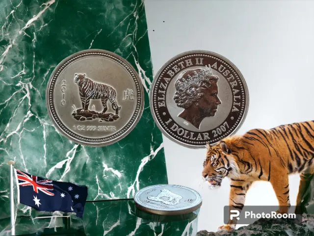 Moneta 1 Dollaro Australia Elisabetta II 2010 Tigre - 1 OZ 999 Silver 🇦🇺