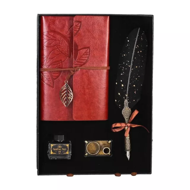 Exquisite Gift Set: Gold Sprinkled Feather Pen With Retro Strap Notebook