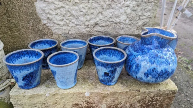 Pichet Vase et 7 verres en grès glaçure bleue Monterosso Cinque Terre (TBE)