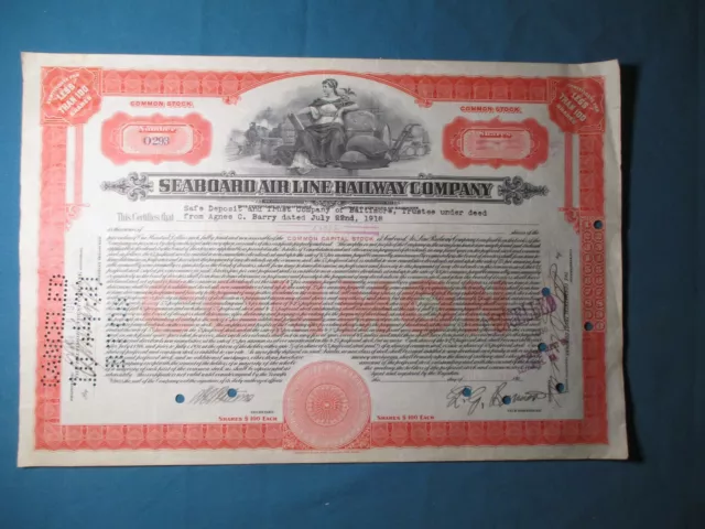 1918 Stock Certificate SEABOARD AIR LINE RAILWAY COMPANY # 3737