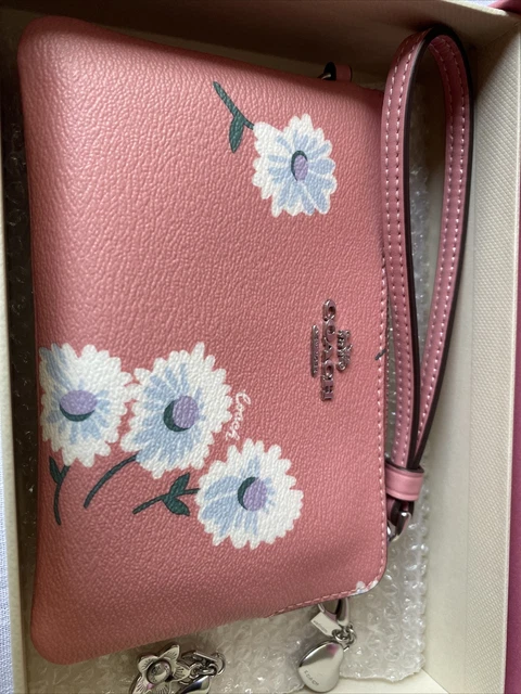 Coach Pink Daisy Wildflower Wristlet Bag w/ Heart & Flower Charm in Gift Box