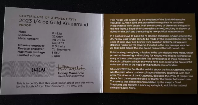 KRÜGERRAND / KRUGERRAND - Südafrika 2023 - 1/4 Oz GOLD Polierte Platte / Proof 3