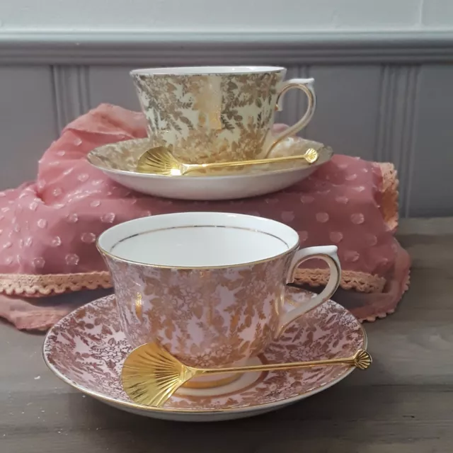 Coldough Bone China England Pink Cream Gold Tea Cups Saucers Demitasse Spoons