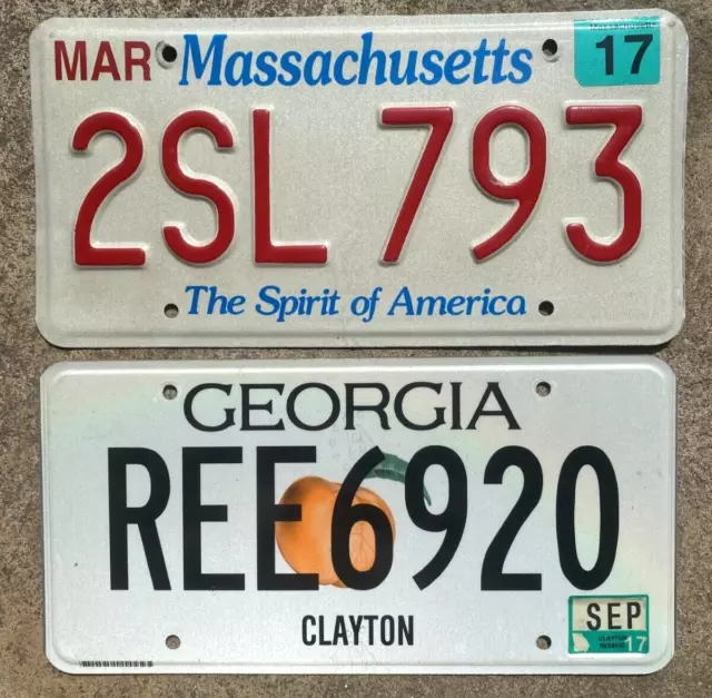 Lot of 2 superb 2017 license plate plates - Massachusetts and Georgia