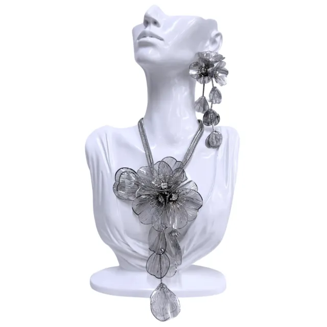 Flores Plata Conjunto Collar Con Pendientes Redondo de Mujer Brillante Elegante 3
