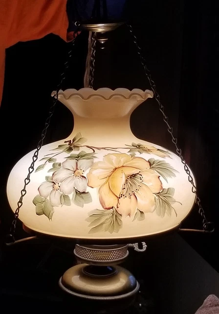 Vintage GWTW Parlor Hanging Hand Painted Milk Glass Hurricane Swag Lamp 9.5" W