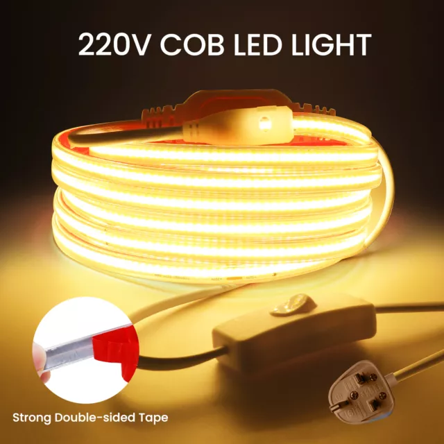 220V LED Neon COB Strip Lights Self-adhesive Flexible Tape Lamp IP67 Waterproof