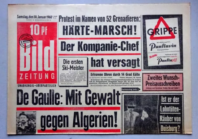 Kult-Zeitschrift BILD ZEITUNG, 30. 1. 1960, de Gaulle mit Gewalt gegen Algerien