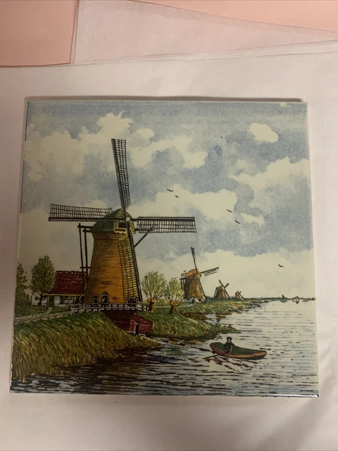 Vintage Royal Mosa Dutch Delft Hand Painted Wall Tile 6" Hand Painted Windmill