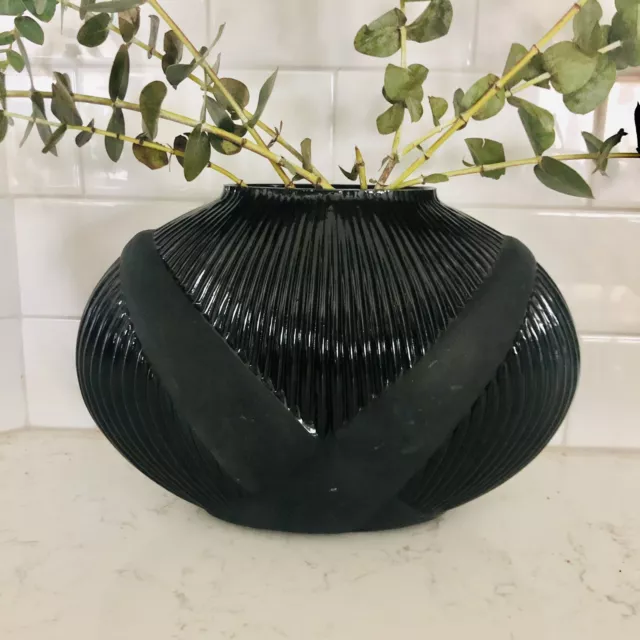 Vintage Silvestri Mouth Blown Glossy Matte Black Glass Vase Art Nouveau 7”