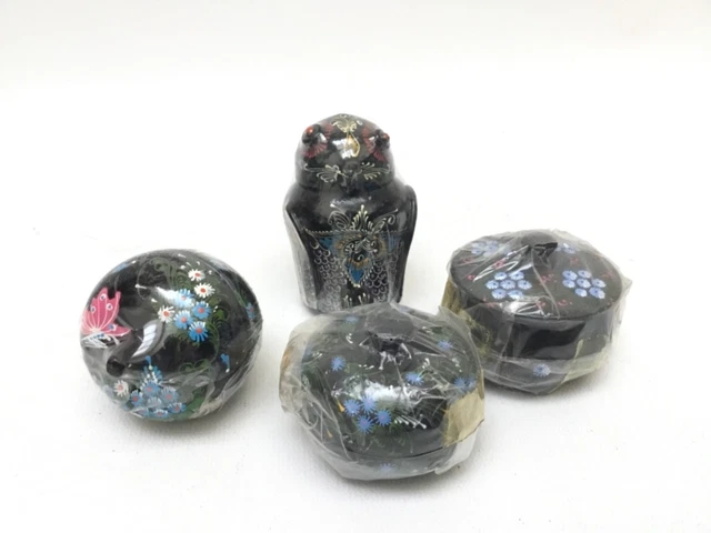 4 Miniature Olinala Trinket Boxes Bird Apple Pots w/ Lids Laquerware