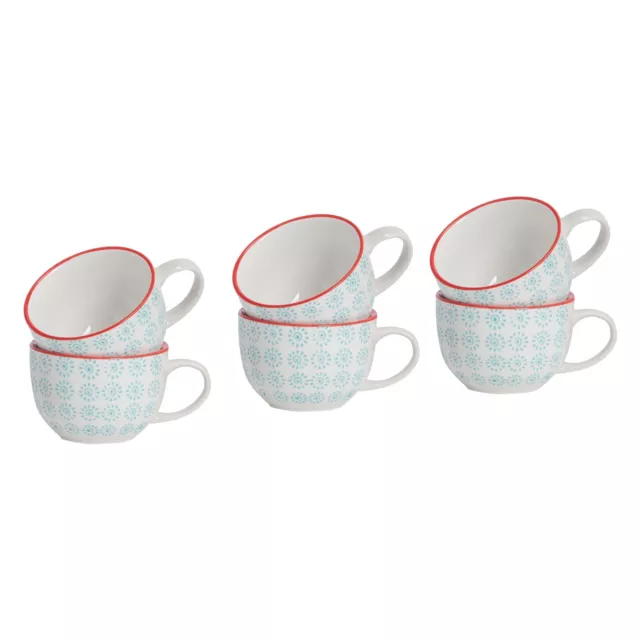 6x Hand-Printed Cappuccino Cups Porcelain Tea Coffee Cups 250ml Turquoise