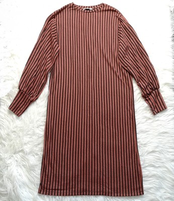 Zara Women's Maroon Black Striped Puff Long Sleeve Midi Dress Size Us M