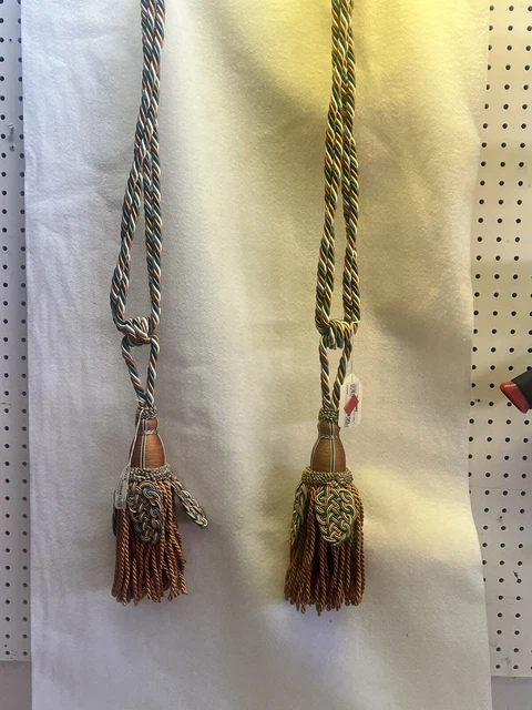2 Drapery Curtain Tie Back Luxury Tassel Copper turquoise Bead Heavy brown 30 in