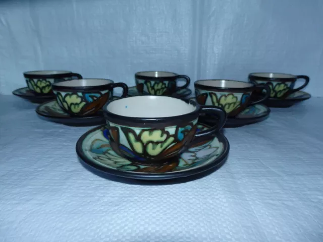 6 Tasses Et Soucoupes Ceramique Bergen Polychrome Art Deco Montoise Dubois