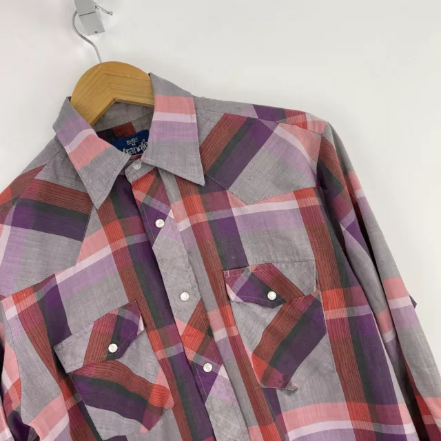 Vintage Wrangler Western Shirt Mens Medium Purple Check Cowboy Pearl Snap Retro