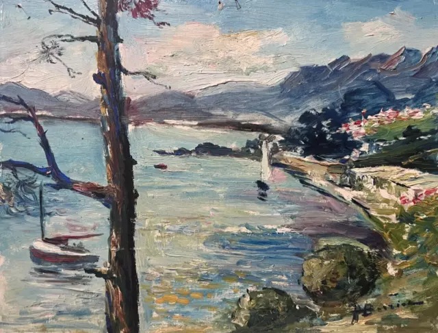 Pintura al óleo vintage Paisaje marítimo, Barco, Ciudad, Árbol firmado