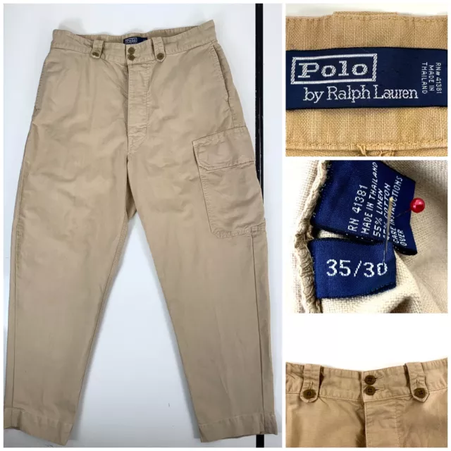 POLO RALPH LAUREN Military Cargo Khaki Cotton Linen Vintage Chino Pants Sz 35X30
