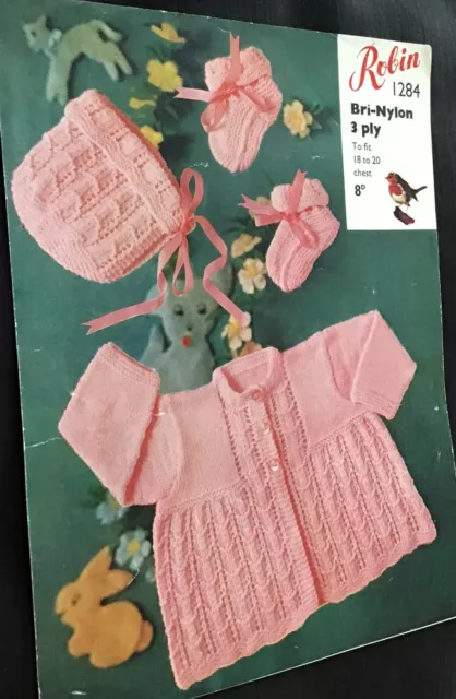 Robin Knitting Pattern No 1284 3 Ply Baby Layette 18/20 Inch Chest