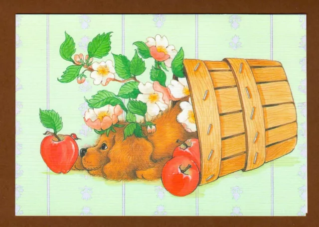 Brown Puppy Dog in Apple Basket Notecard, Litho in USA, Blank, Vtg ADR Exclusive