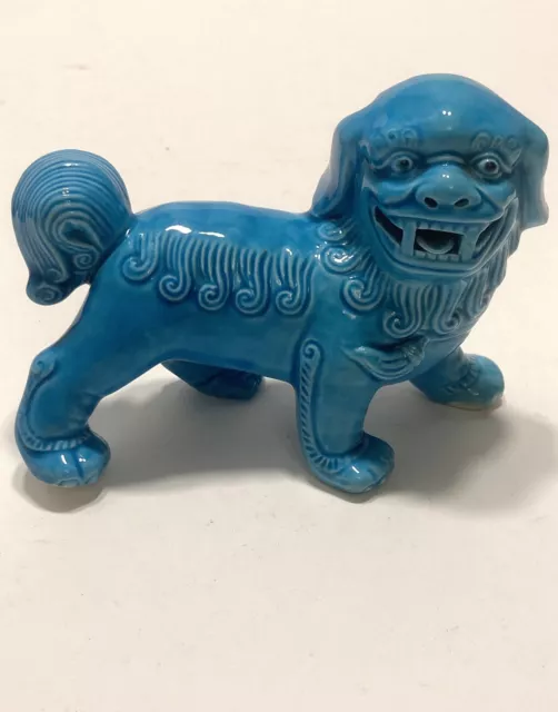 Turquoise Foo Dog Blue Glazed Ceramic Vintage Asian Fu Dogs 4”x5”