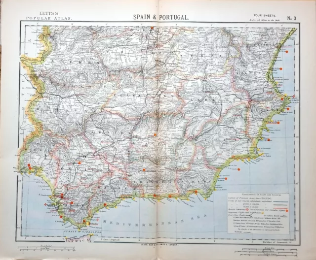 1882 Letts Map Spain & Portugal Cadiz Malaga Granada Badajoz Albacete Valencia