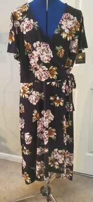 Fortune + Ivy Women's Black Floral Dress High Low Wrap V-Neck Size 2X