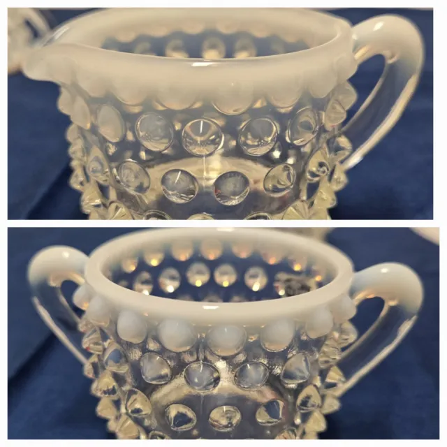 Fenton Moonglow Opalescent White & Clear  Hobnail Small Sugar and Creamer Set