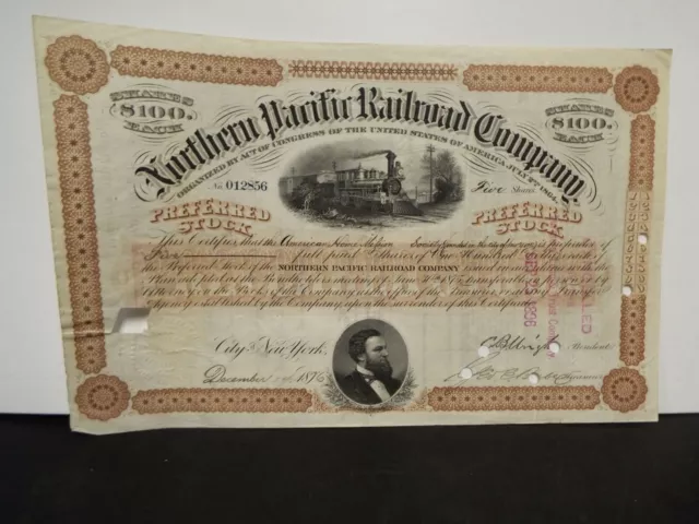 1876 $100 Northern Pacific Railroad Co Stock Certificate Transfer to J P Morgan