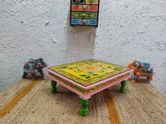 Wooden yellow hand painted chowki religious bajot Indian small pedestal table