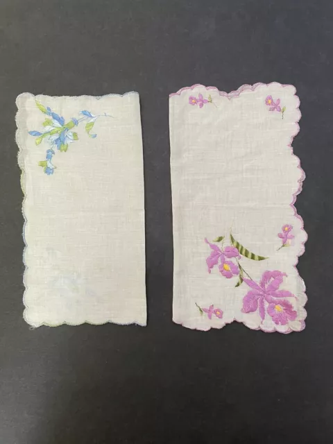 Pair Of 2 Ladies Embroidered Handkerchiefs Hankys White With Flowers Pink Blue