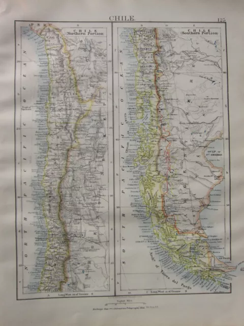 1900 Victorian Map ~ Chile North & South Portions Antofagasta Tacna