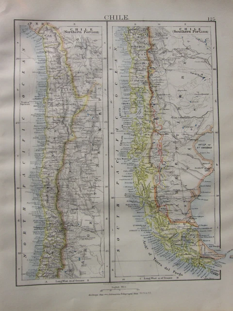 1900 Victorian Map ~ Chile North & South Portions Antofagasta Tacna