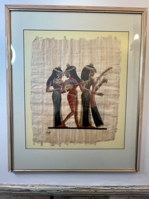 Papyrus Egyptian Musicians Picture, Finely Hand-painted Framed Signed Vintage