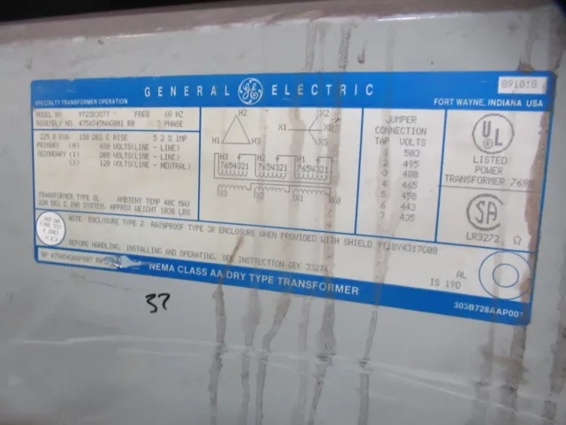 GE 9T23B3877, 225 KVA, 480 X 120/208 Volt, 3 Phase, Transformer- T66 WARRANTY 2