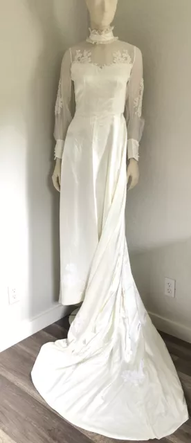 VTG 70s Handmade Silky Lace Wedding Dress Train Cottagecore Victorian Prairie