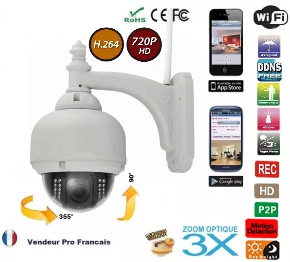 Caméra IP dome sans fil zoom 3X IRcut Etanche PTZ Vision Nocturne 720P H.264