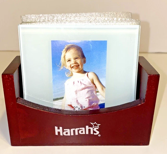 Harrah's Casino & Hotel Mahogany Wood & Glass Photo Holder Coaster Set