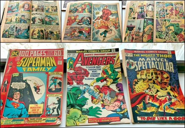 3 Vtg 1974 Marvel & DC Comic Books Mighty THOR -AVENGERS- Superman Family FLAWED