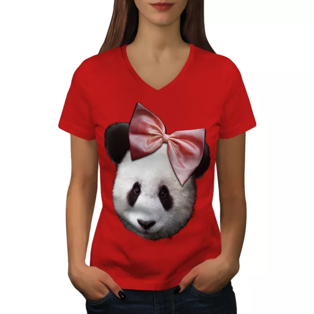 Wellcoda Panda Ribbon Cute Womens V-Neck T-shirt, Cuteness Graphic Design Tee