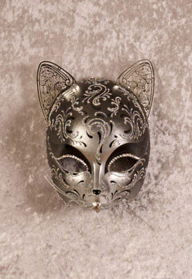 Mask from Venice Cat Gattino Black Silver Paper Mache Metal Top Quality 22460