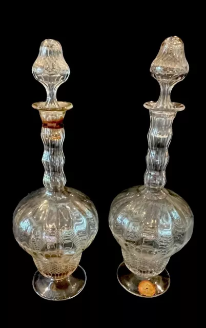 Pair Matching Antique Etched Footed Blown Glass Decanters French Art Nouveau